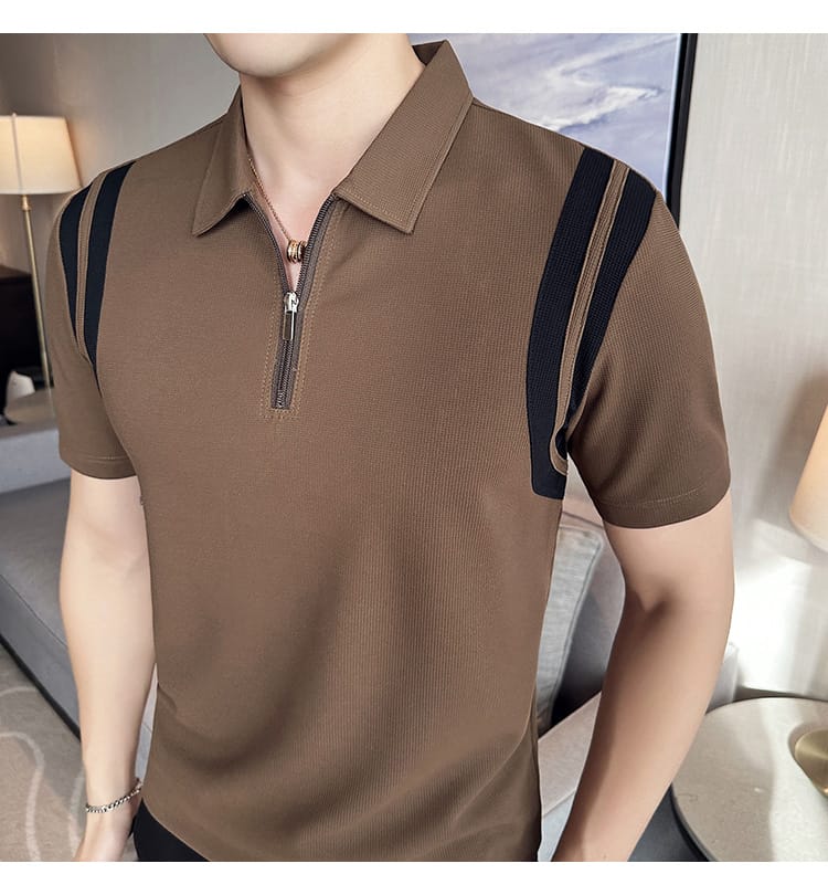 Elastic Stripe polo shirt- Brown