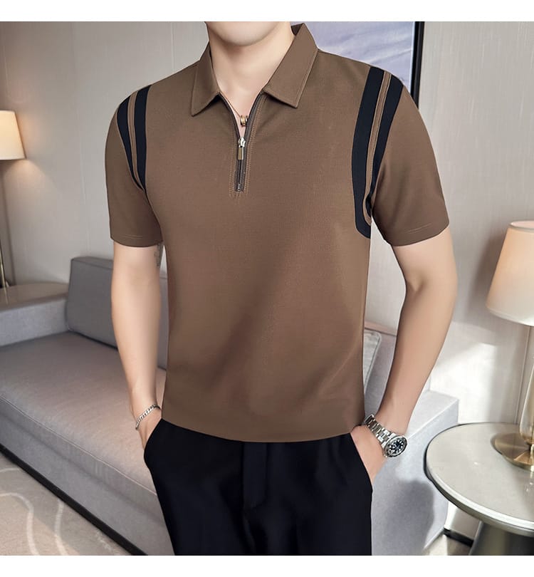 Elastic Stripe polo shirt- Brown