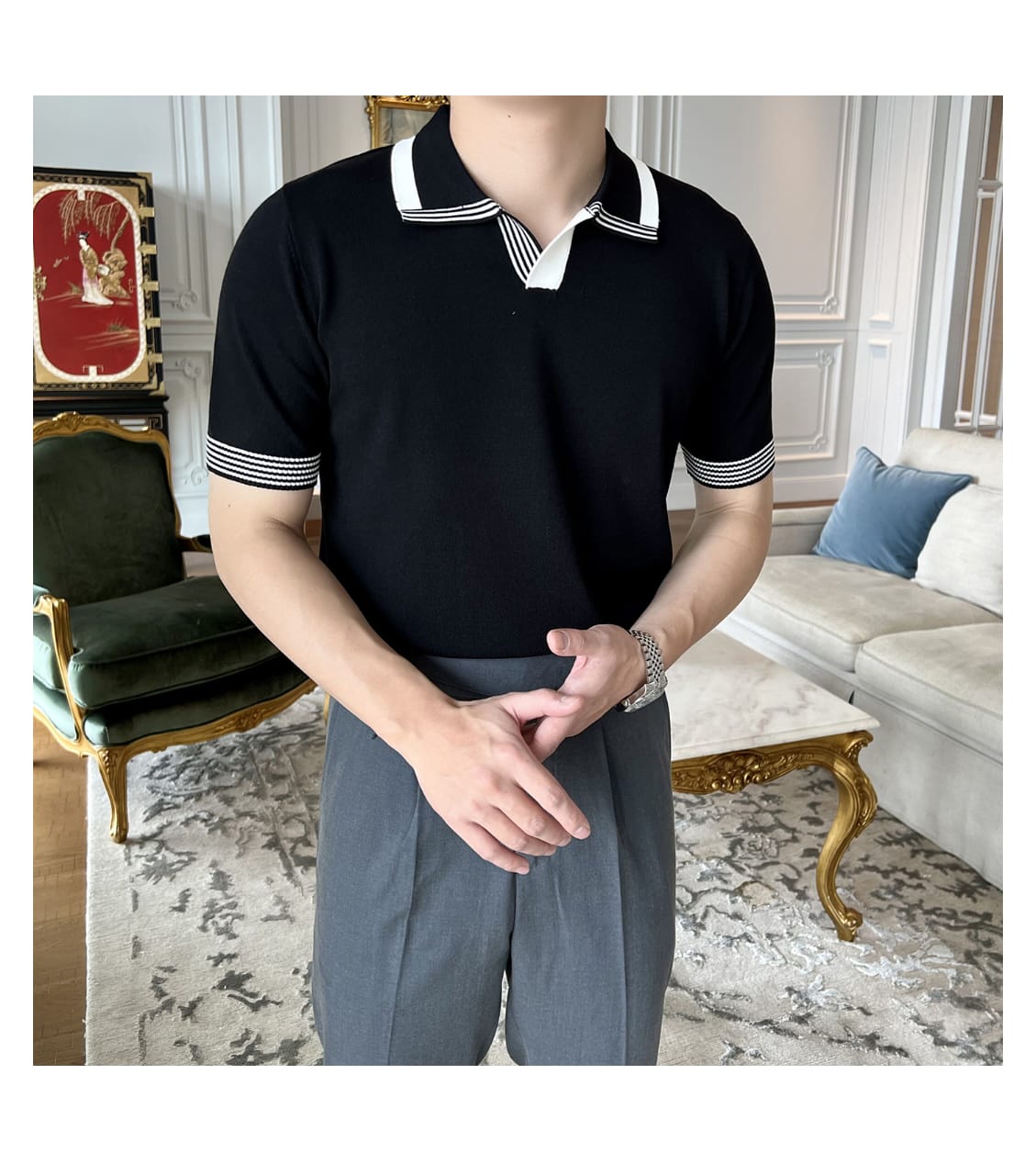 British V-Neck polo shirt- Black
