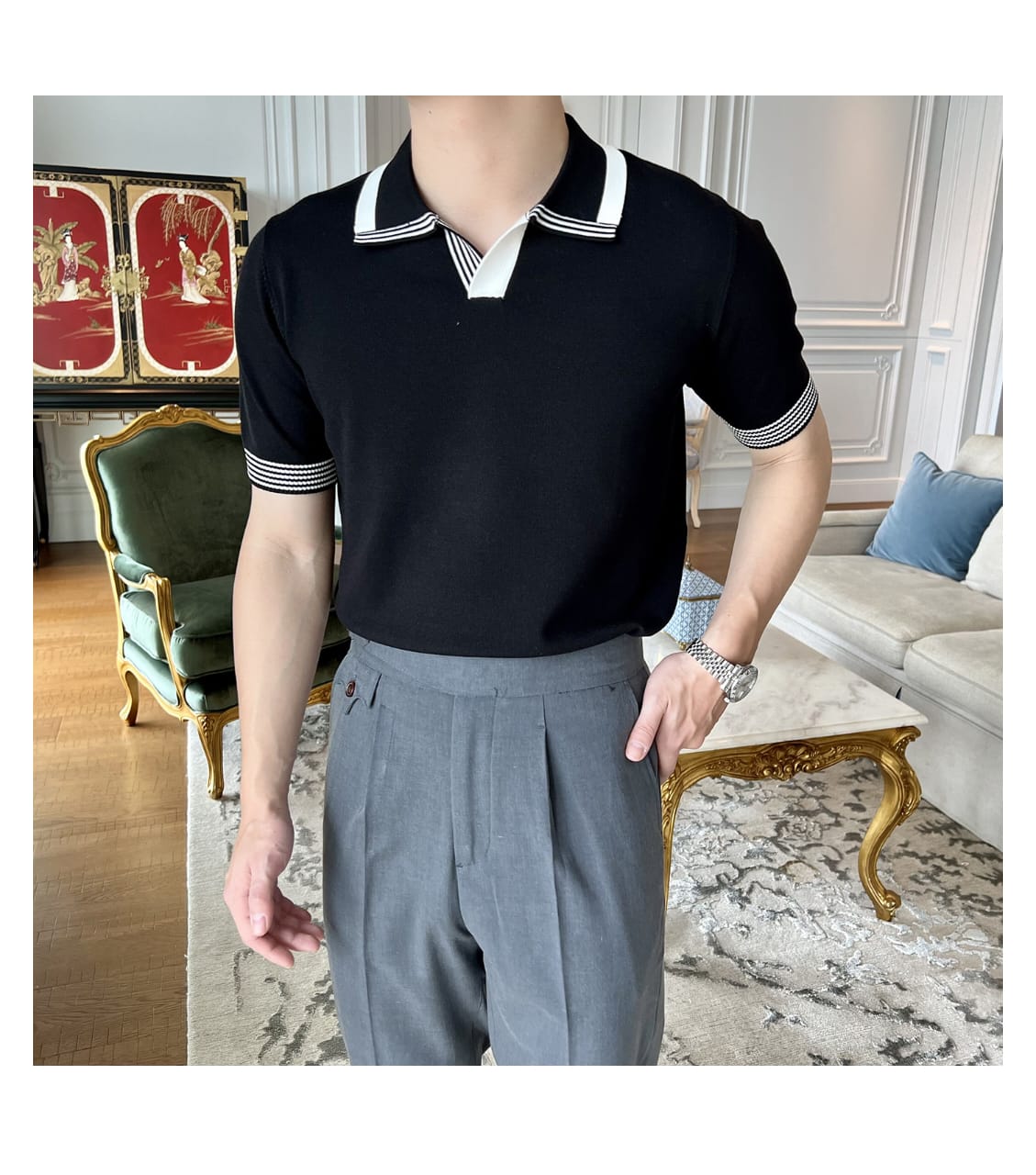 British V-Neck polo shirt- Black