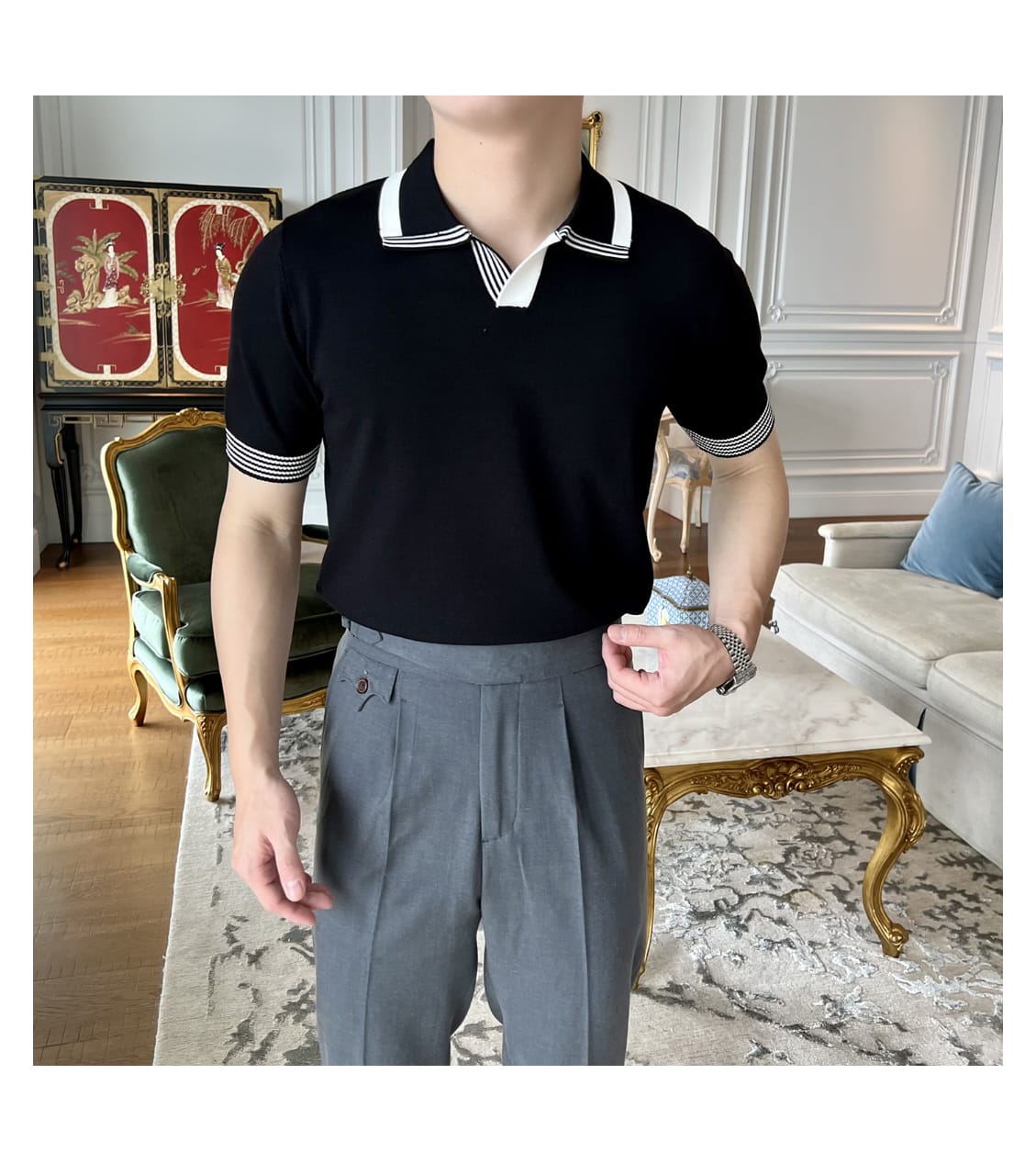 British V-Neck polo shirt- Black