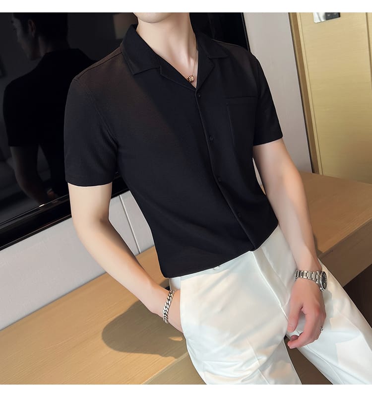 Knitted Waffle Cuban Collar shirt- Black