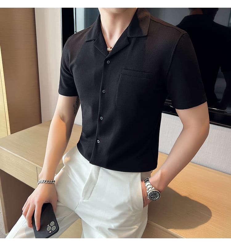 Knitted Waffle Cuban Collar shirt- Black