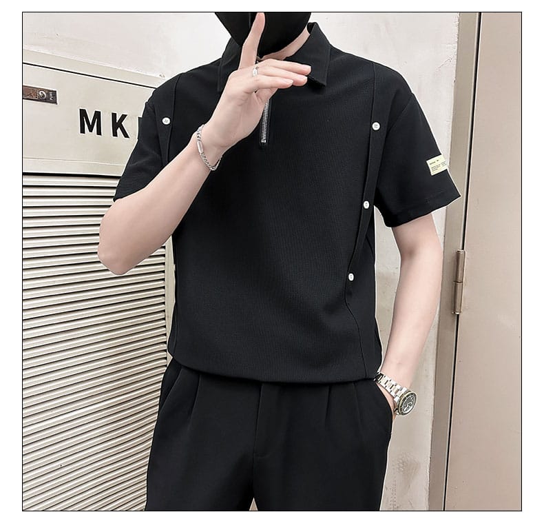 Chinese Waffle Polo tshirt- Black