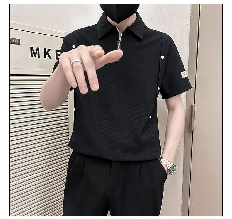 Chinese Waffle Polo tshirt- Black