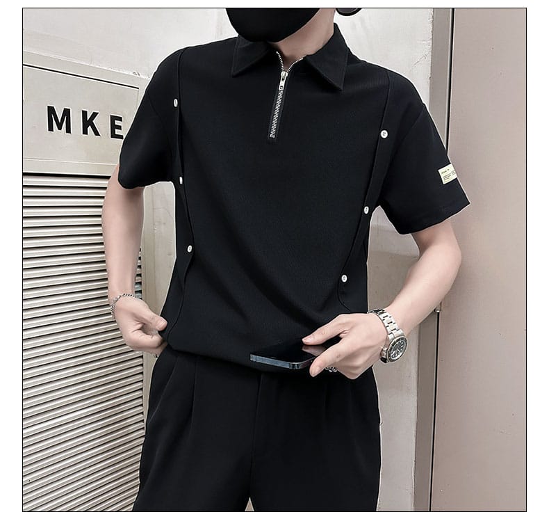 Chinese Waffle Polo tshirt- Black