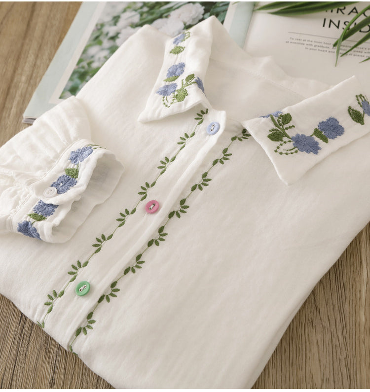 Collar Floral Embroidery Top (White)