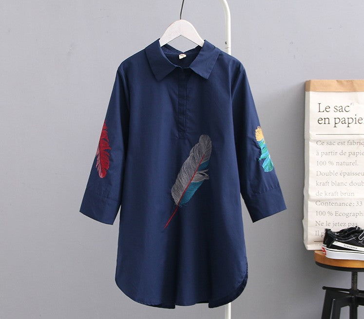 Feather Embroidered shirt (Blue)