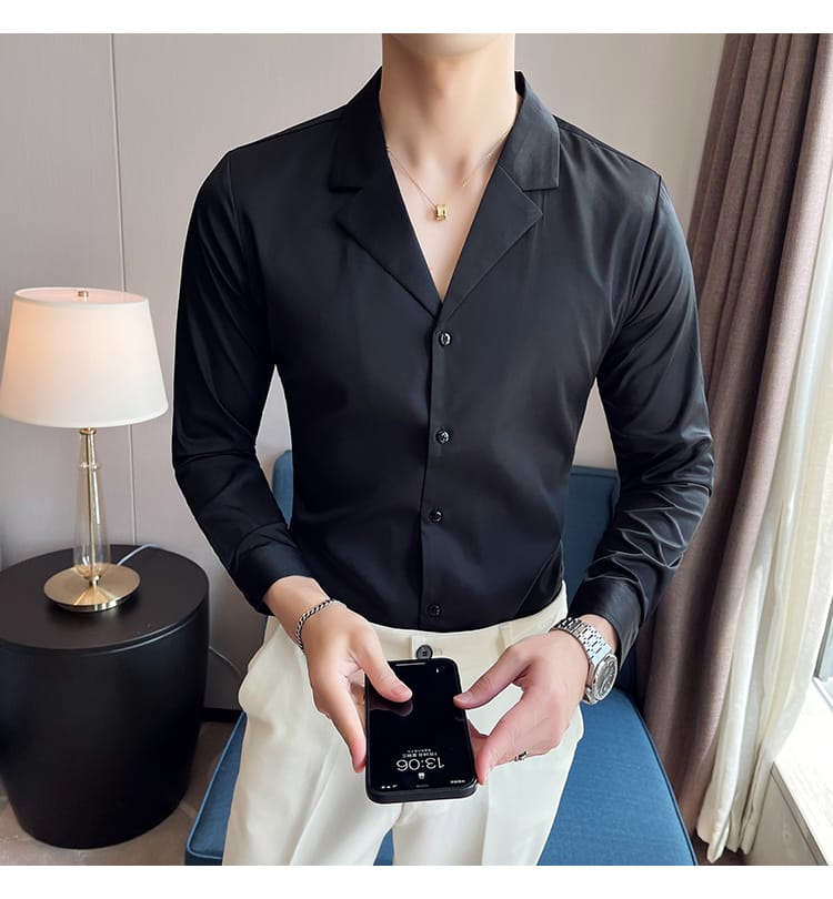 Cuban collar full sleeve cotton shirt (Black)