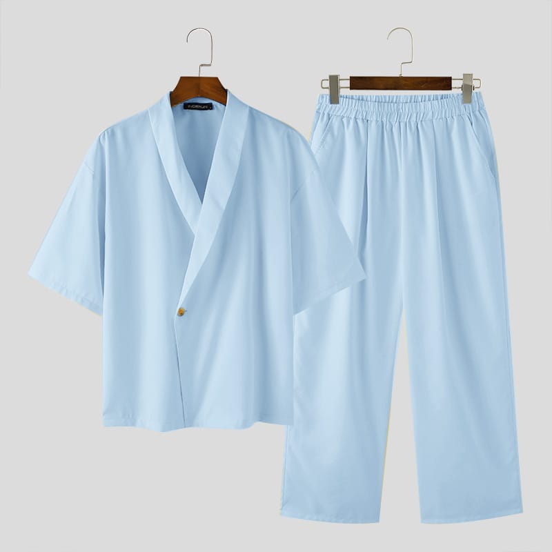 Streetwear down shoulder two piece (Sky Blue)