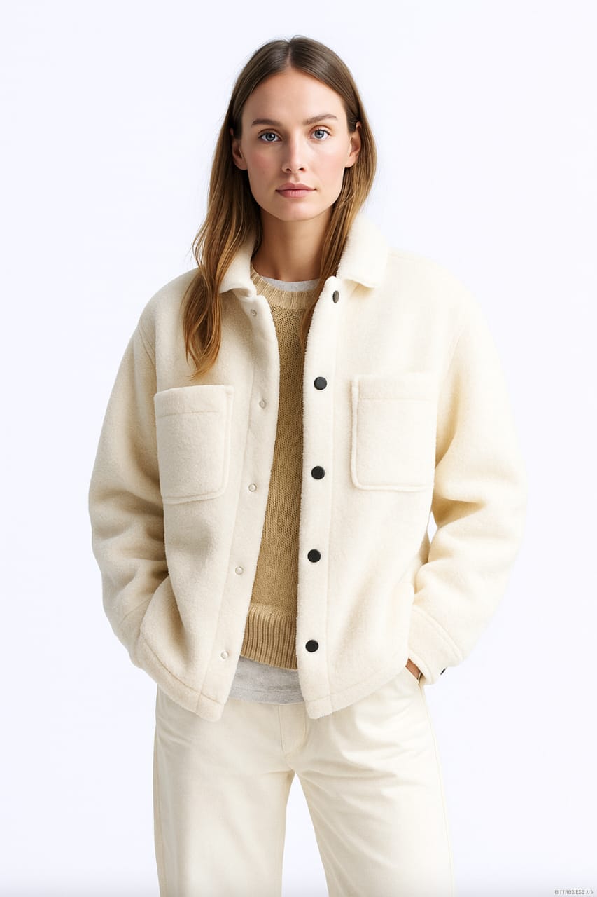 Sherpa Jacket for women- White Double Patch pocket