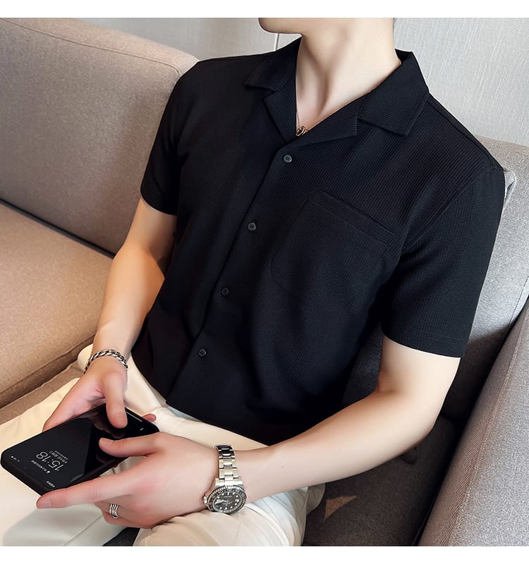 Knitted Waffle Cuban Collar shirt- Black
