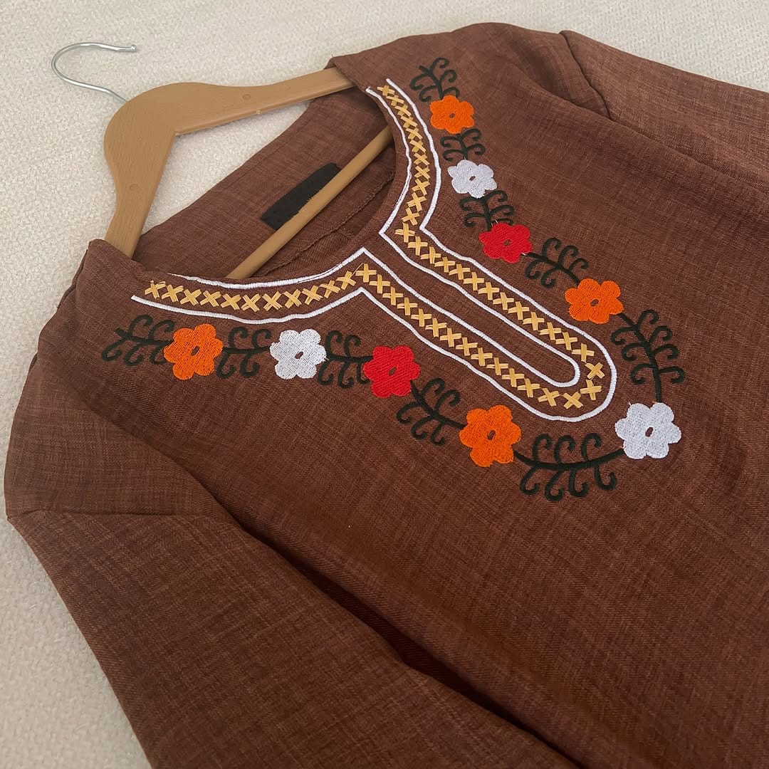 Round Neck Embroidery Shirt (Brown)