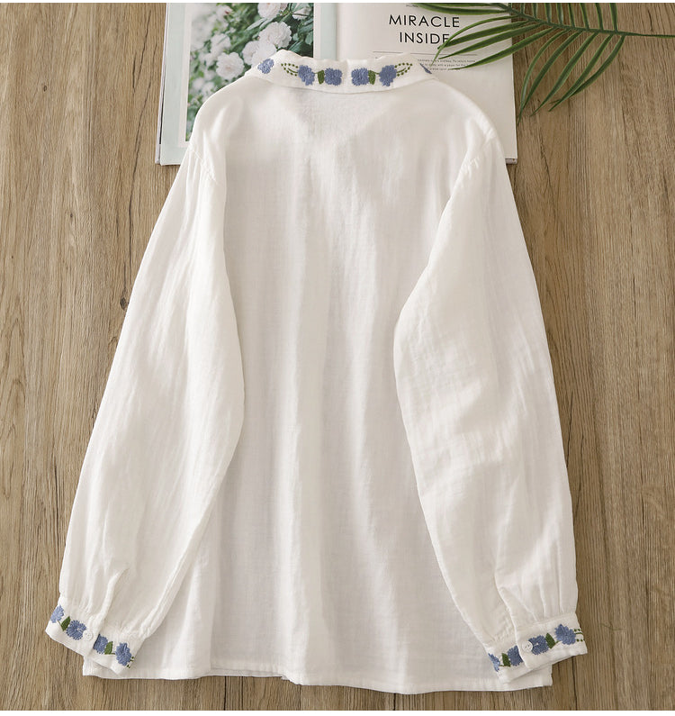 Collar Floral Embroidery Top (White)