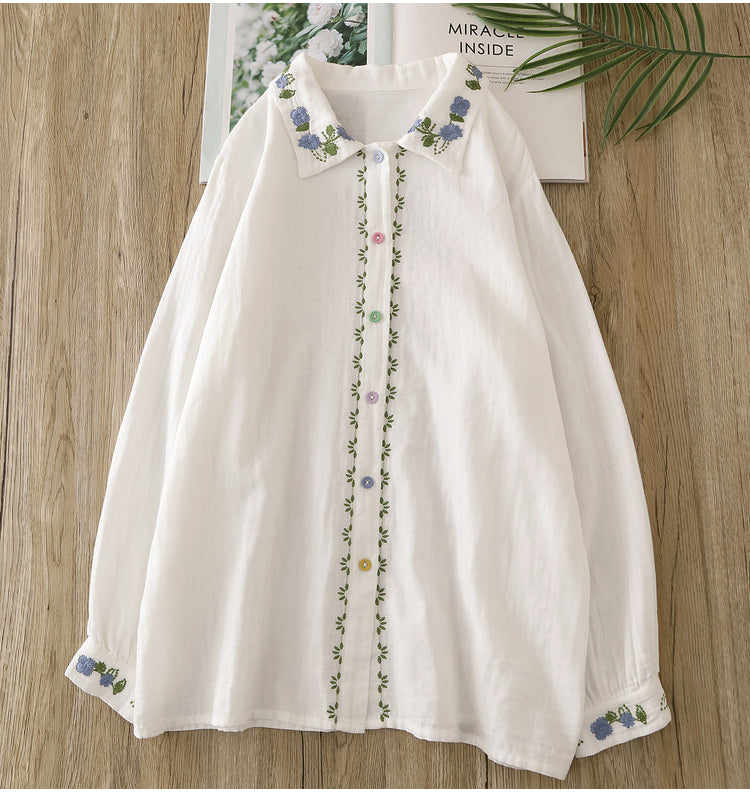 Collar Floral Embroidery Top (White)