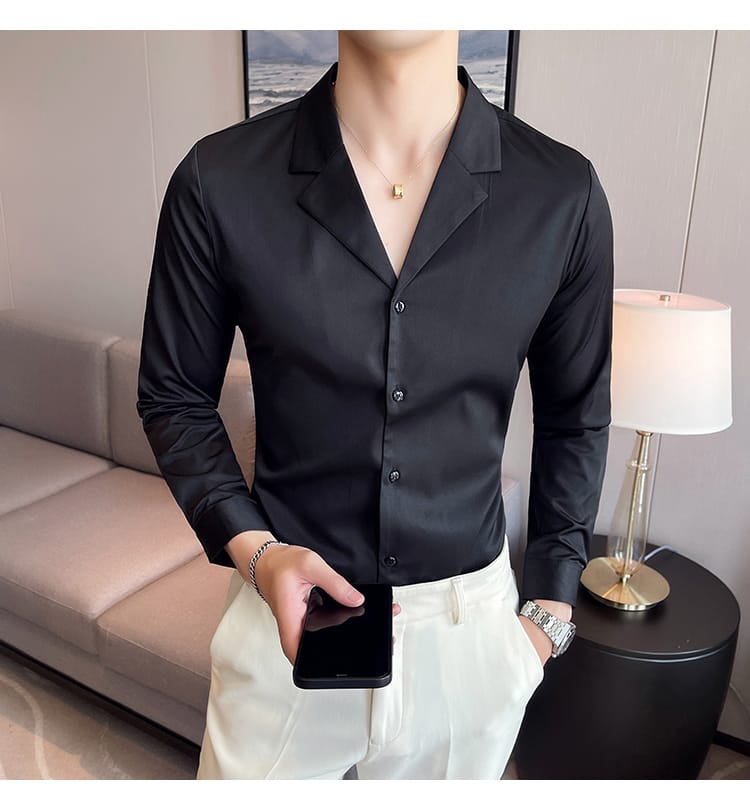 Cuban collar full sleeve cotton shirt (Black)
