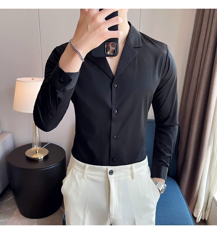 Cuban collar full sleeve cotton shirt (Black)