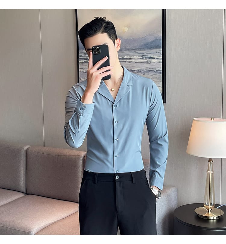 Cuban collar full sleeve cotton shirt (Light Blue)
