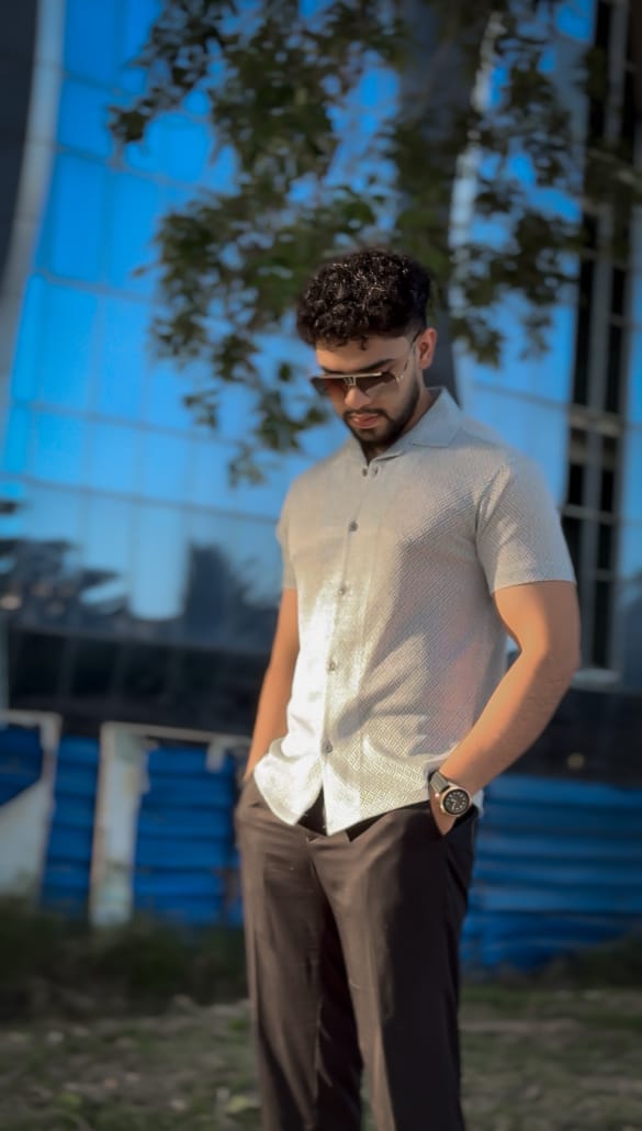 Cuban collar shirt- Grey/white textured