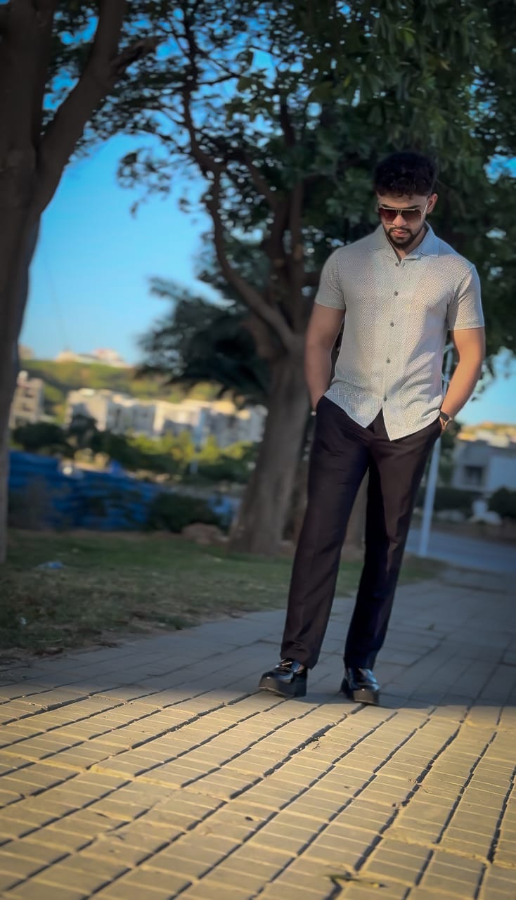 Cuban collar shirt- Grey/white textured
