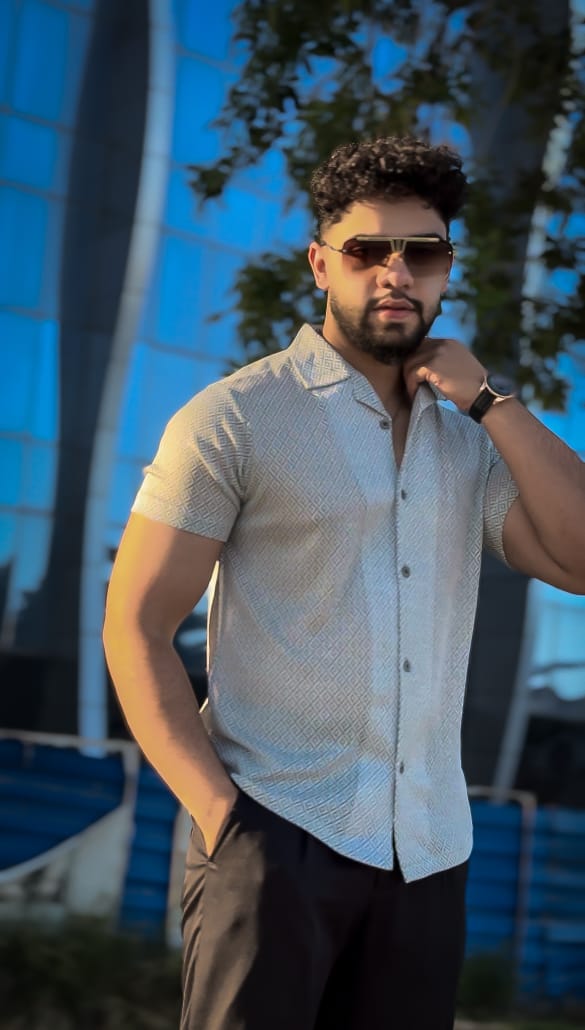 Cuban collar shirt- Grey/white textured