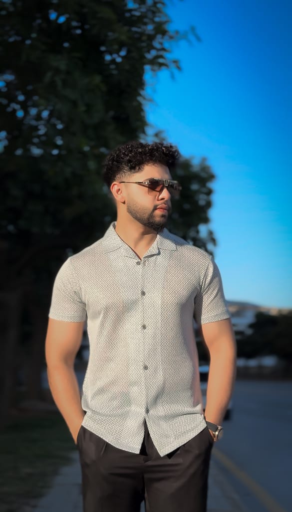 Cuban collar shirt- Grey/white textured