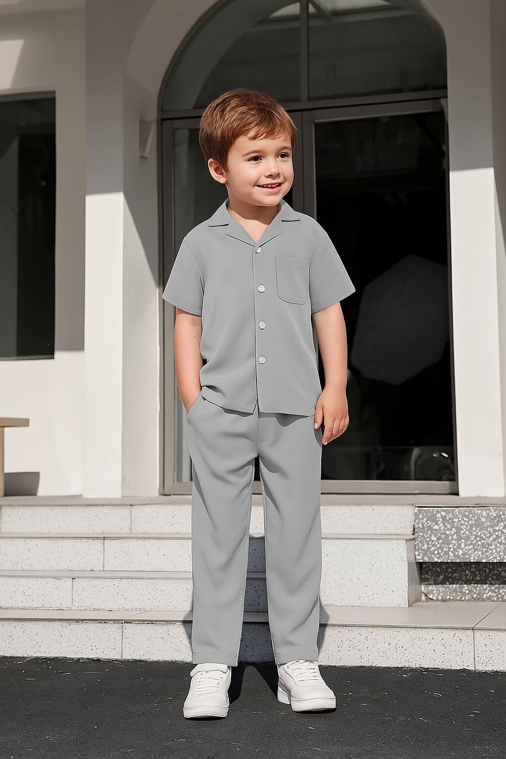 Decent cuban collar tracksuit for kids (Boys/Girls) (Grey)