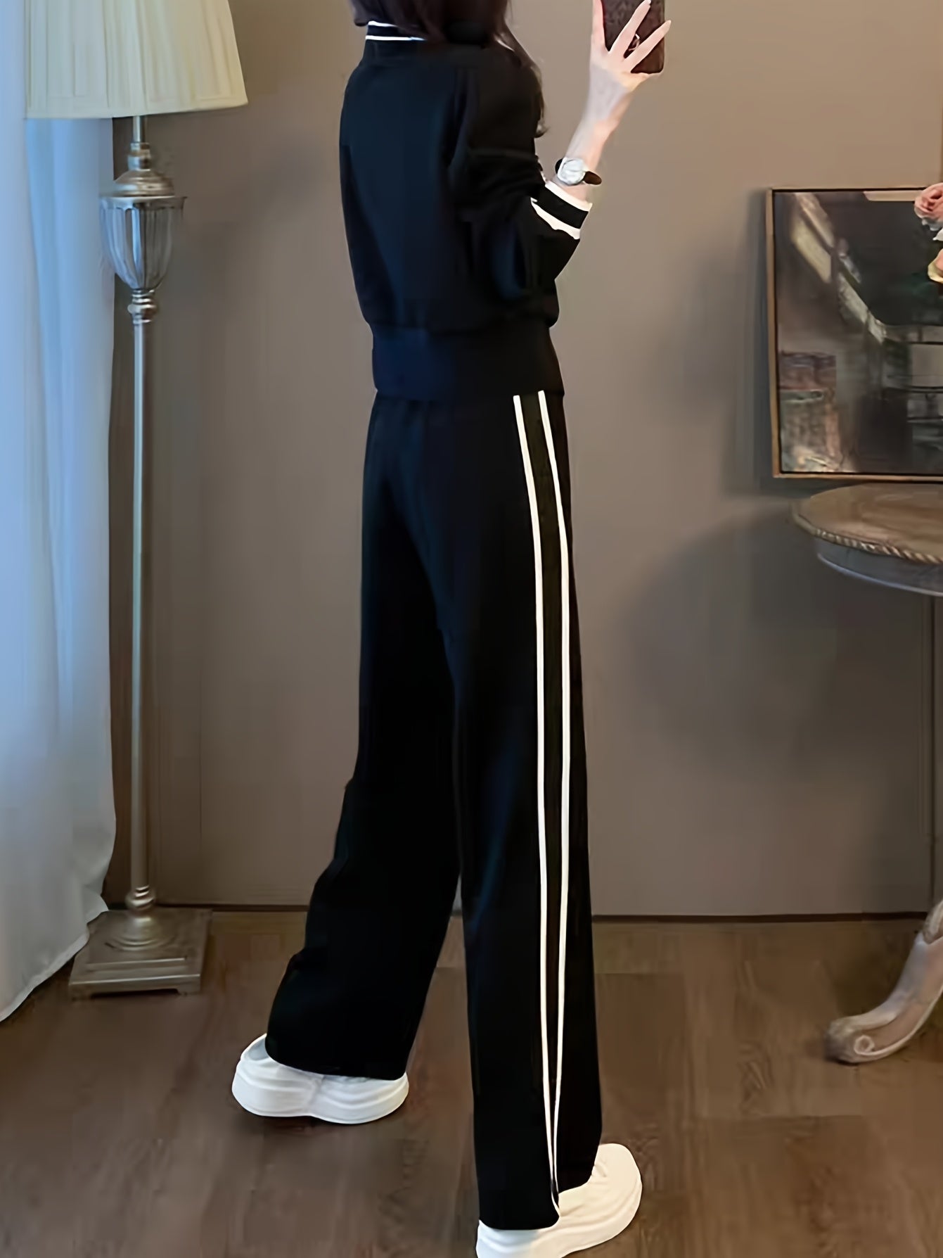 French sweatshirt set with wide leg pant set for women (black)