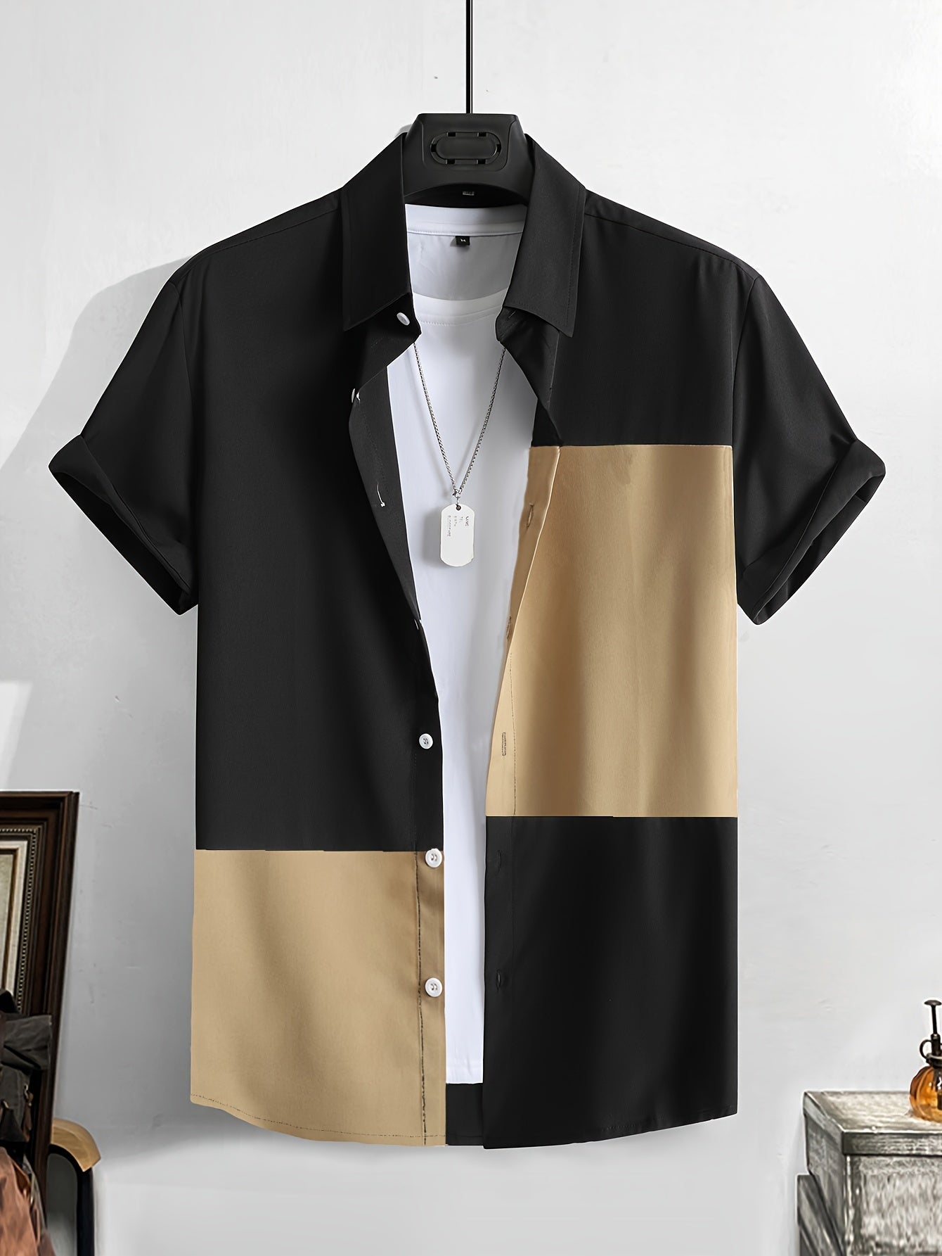 Patchwork lapel shirt (Khaki)