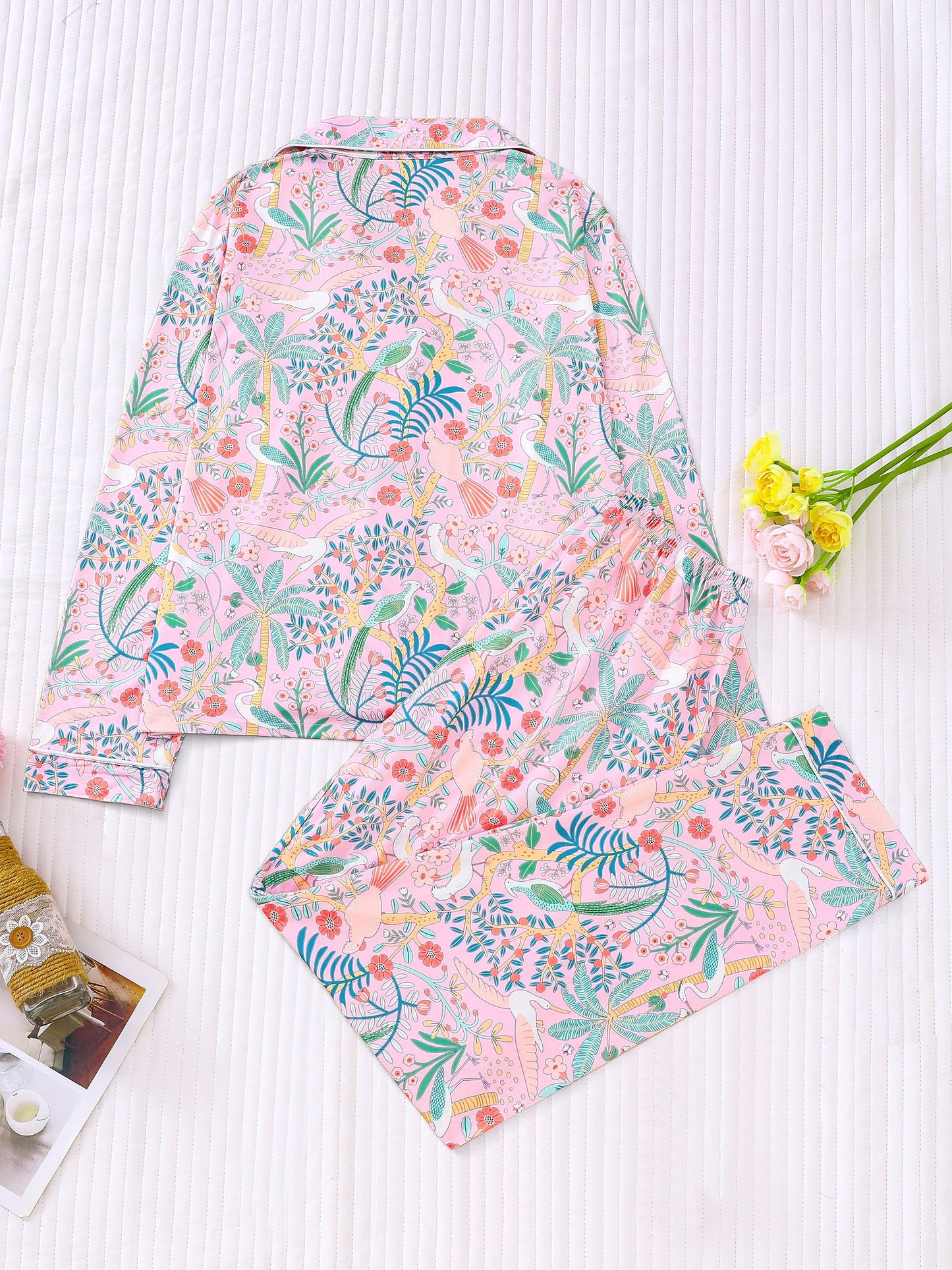 Flowers Charm Pajama set full sleeves (Pink)
