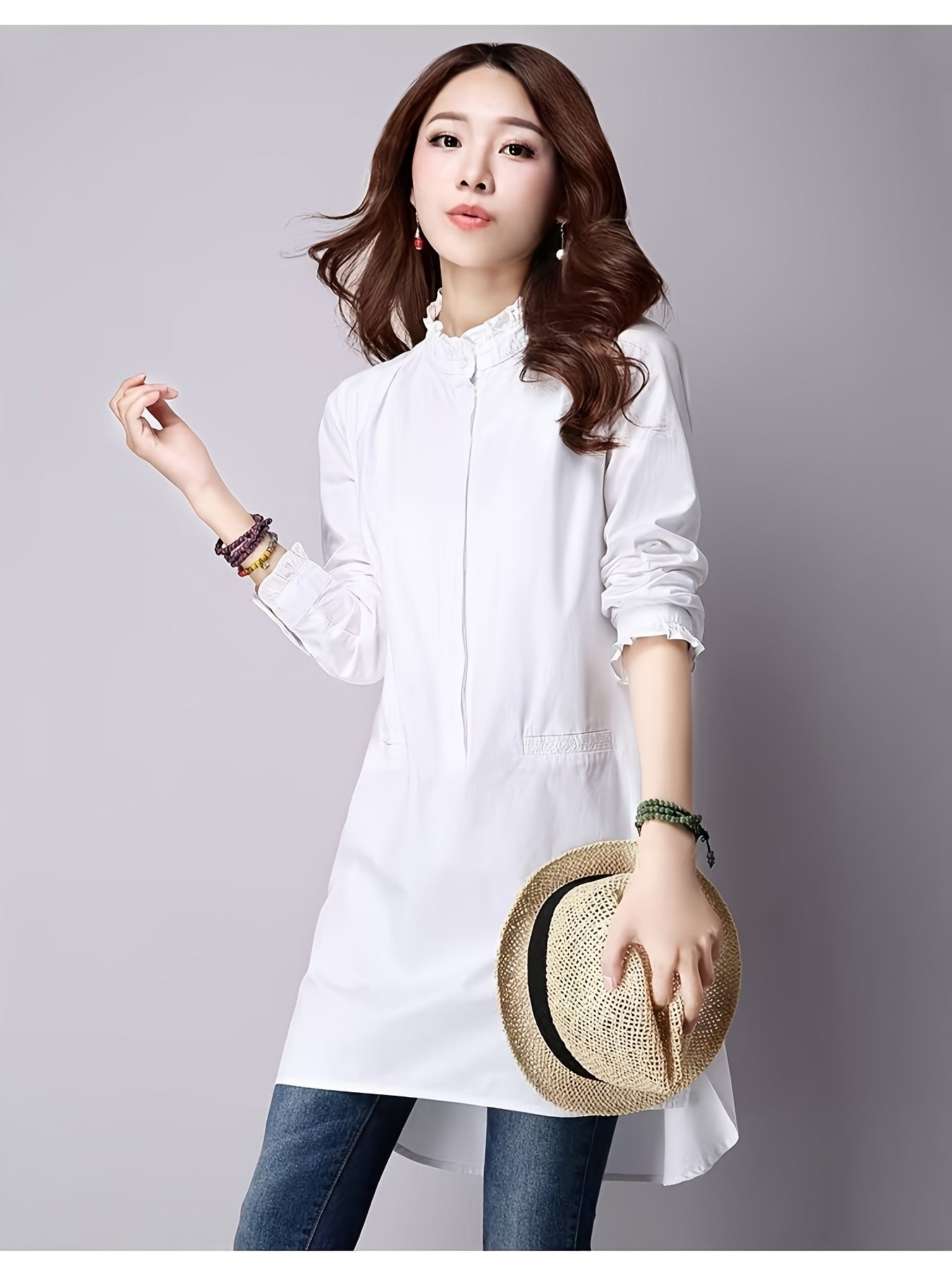 Ruffled shirt with faux pocket (White)