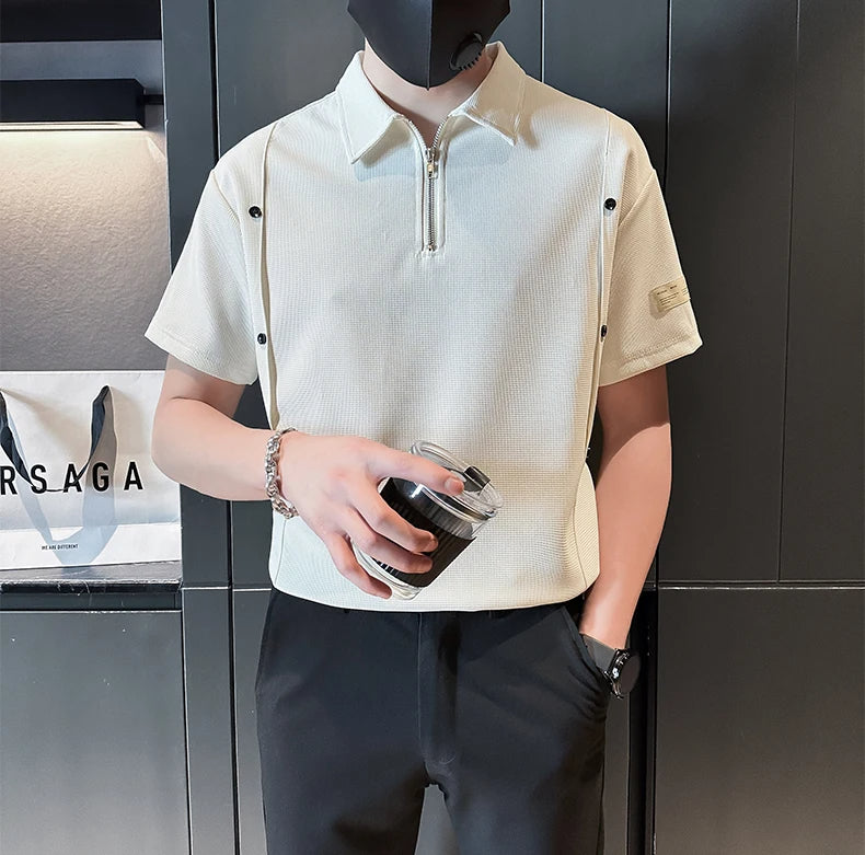 Chinese Waffle Polo tshirt- White