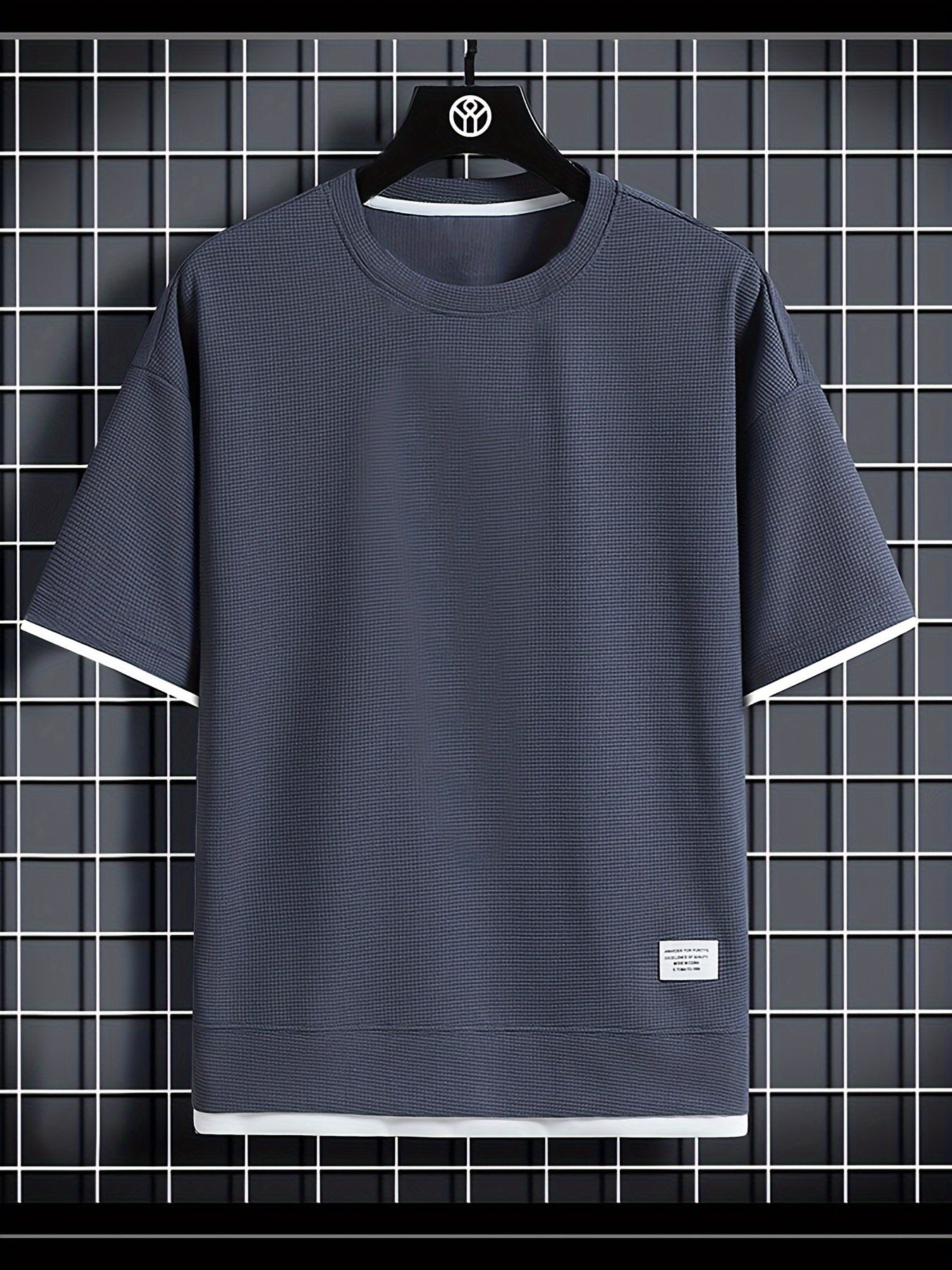 Waffle Pattern Crew Neck Collar t shirt- Dark Grey