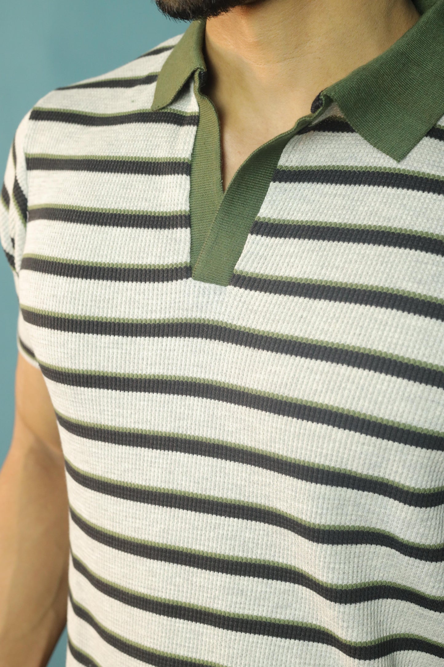 Knitted Waffle V Neck polo - Olive Grey