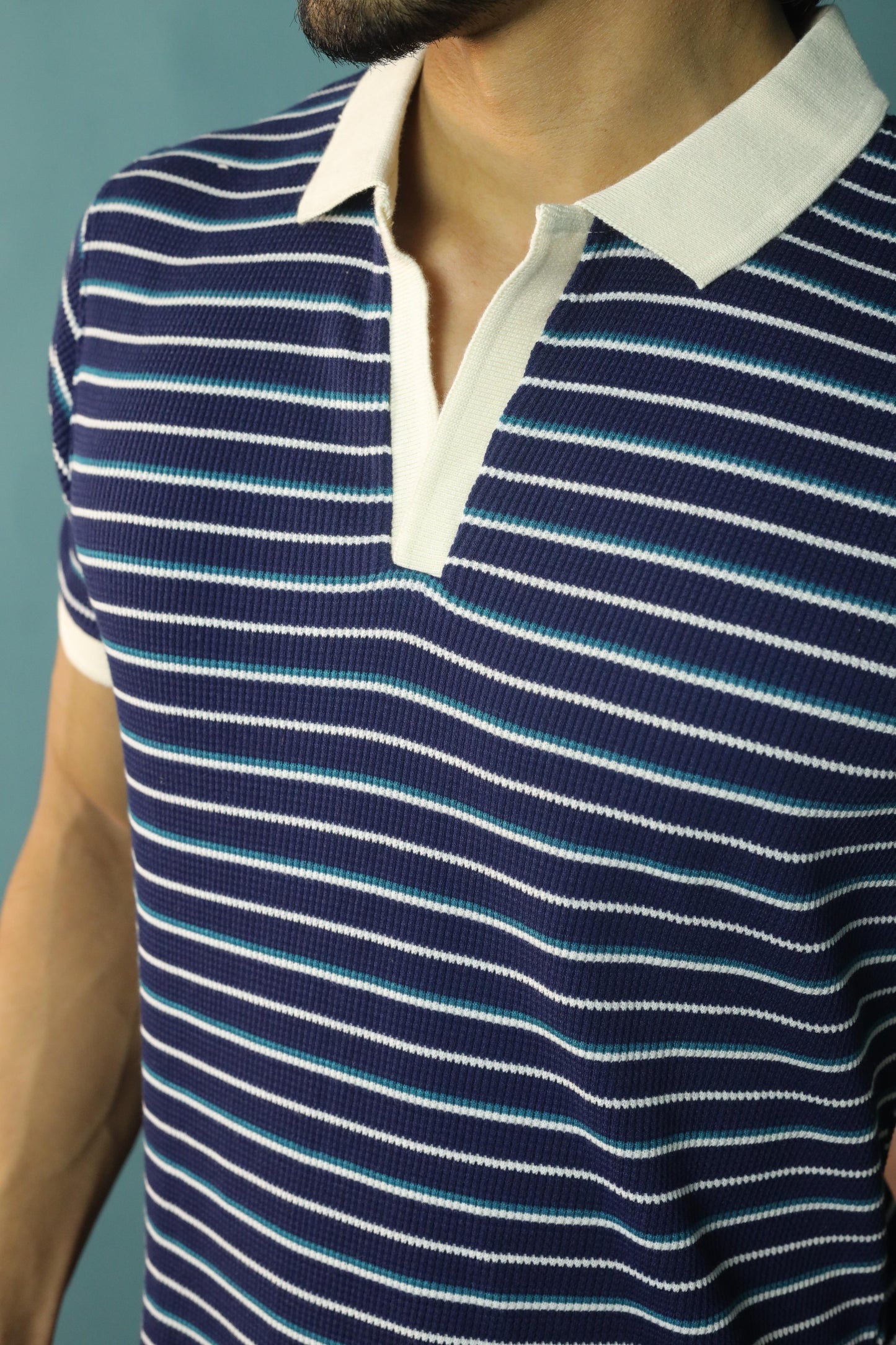 Knitted Waffle V Neck polo - Blue