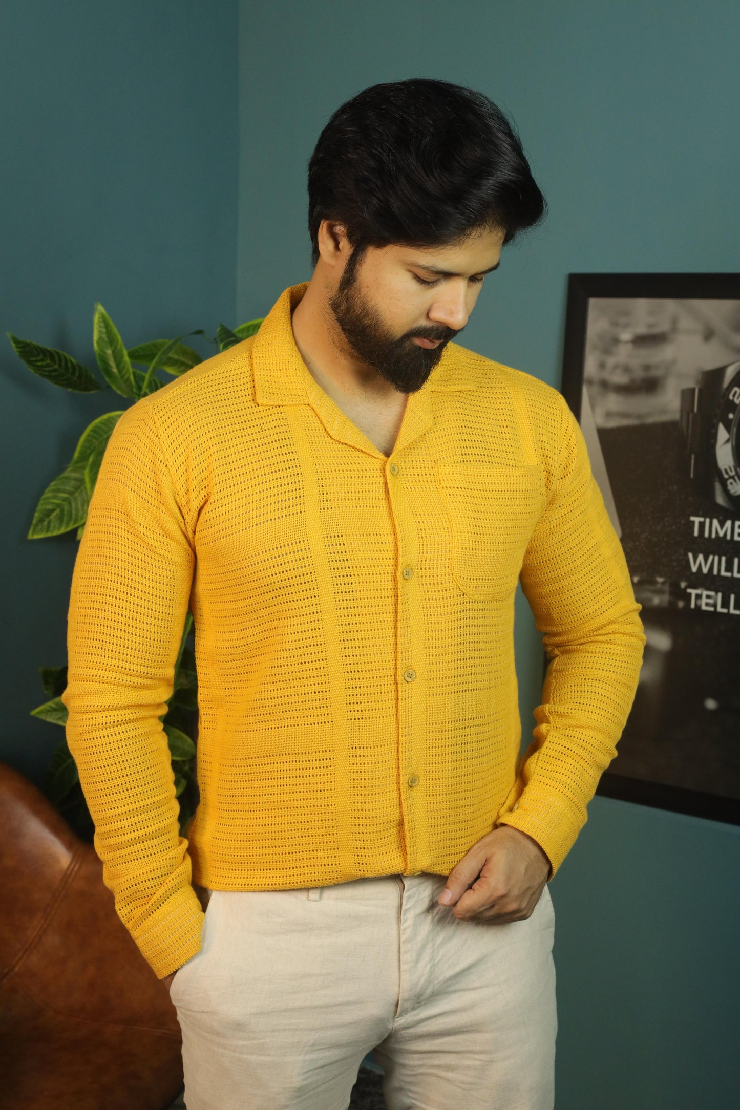 Textured Crochet Shirt- Mustard