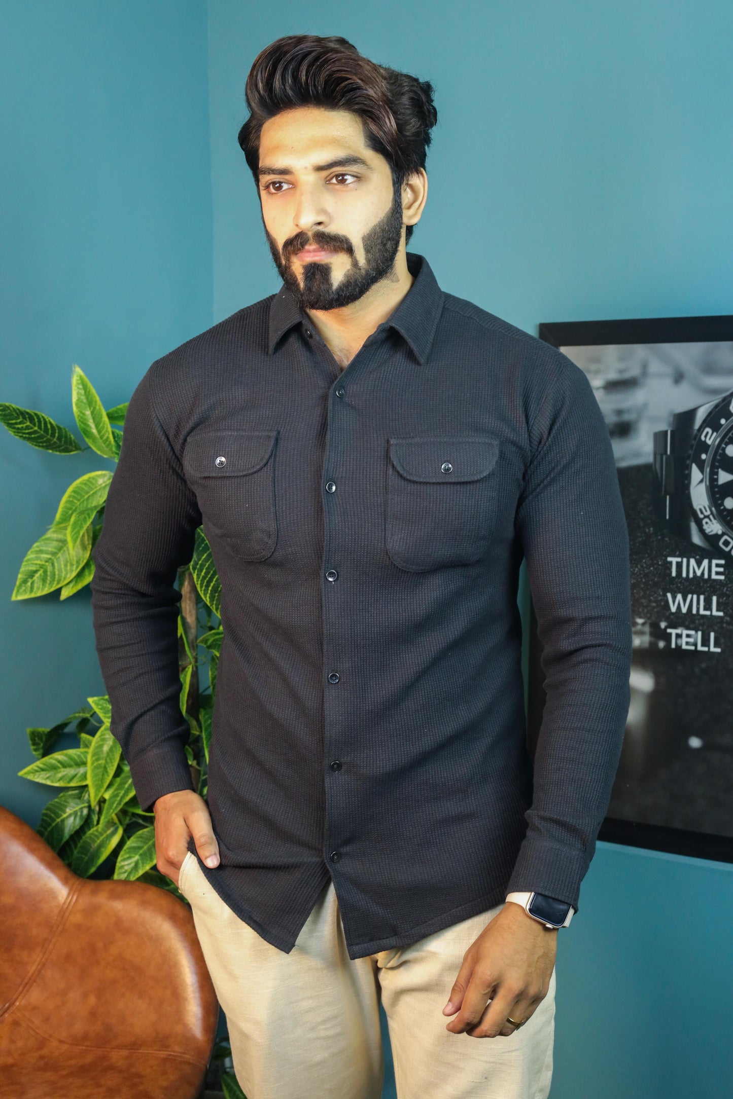 Thermal Waffle Double pocket shirt- Black