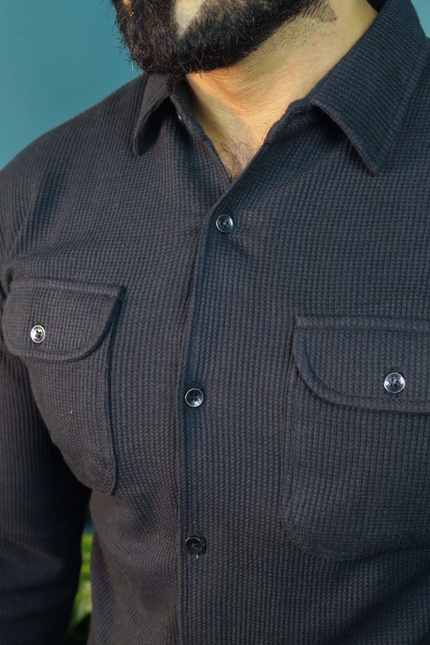 Thermal Waffle Double pocket shirt- Black