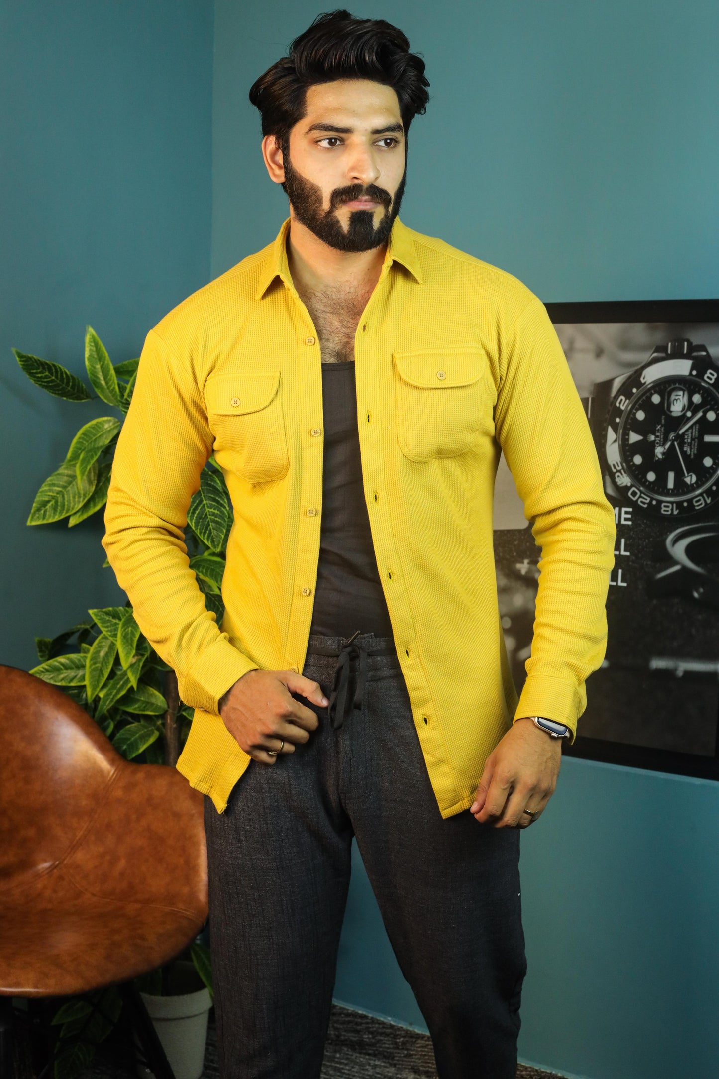 Thermal Waffle Double pocket shirt- Mustard