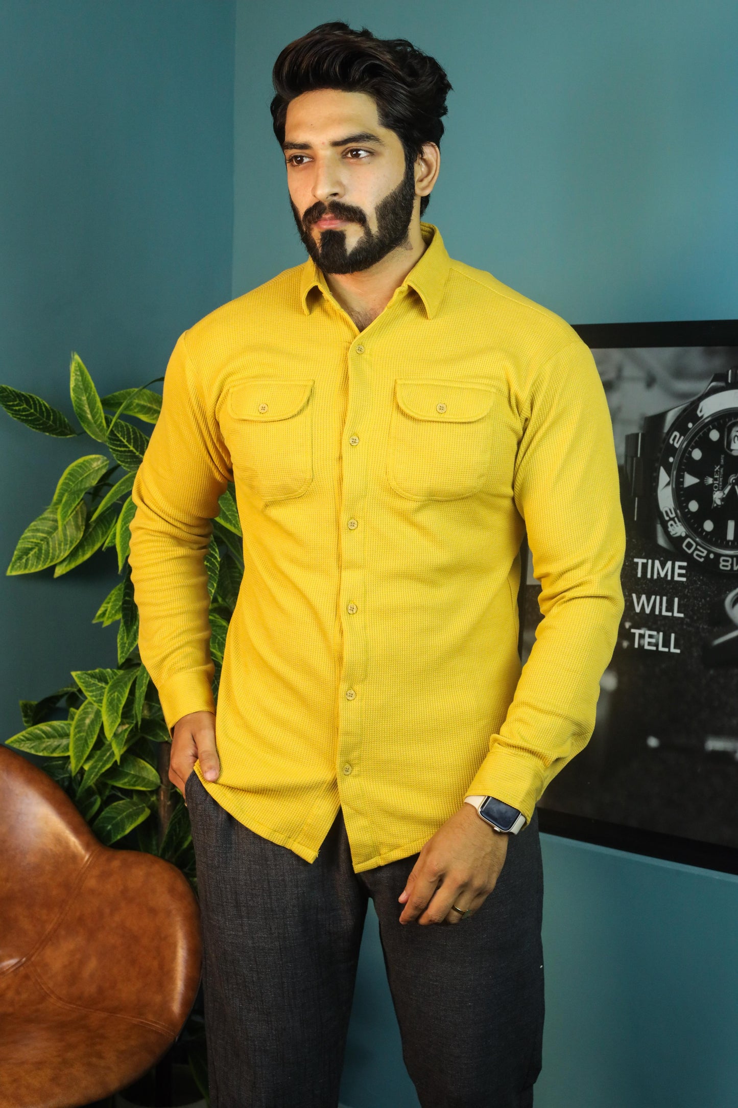 Thermal Waffle Double pocket shirt- Mustard