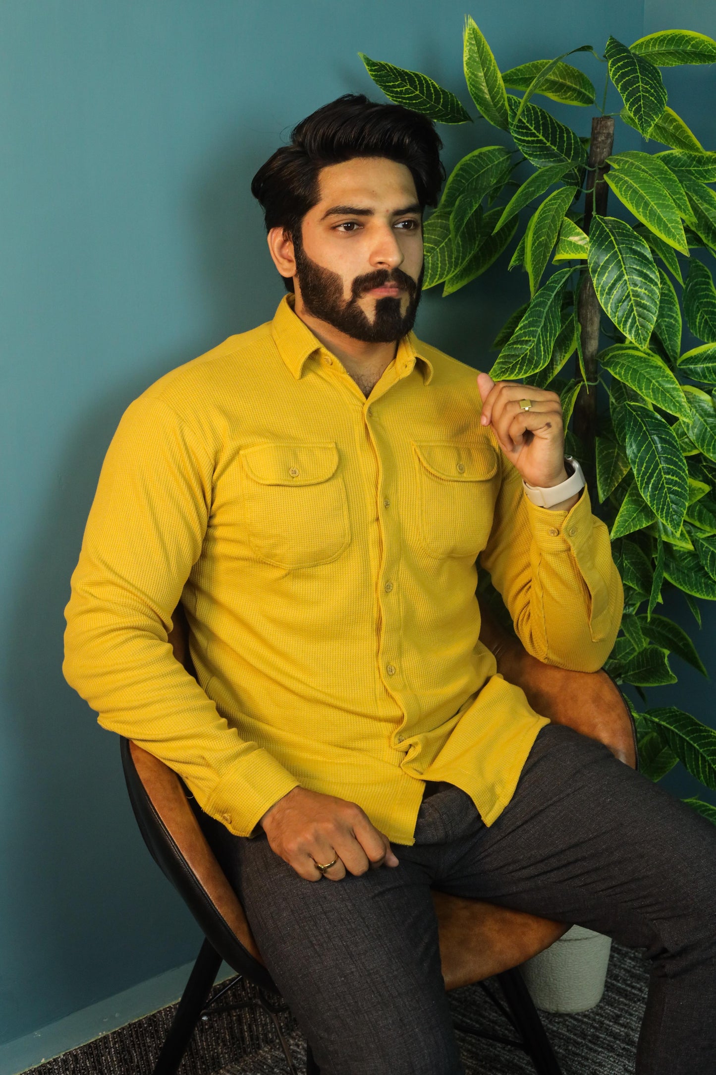 Thermal Waffle Double pocket shirt- Mustard