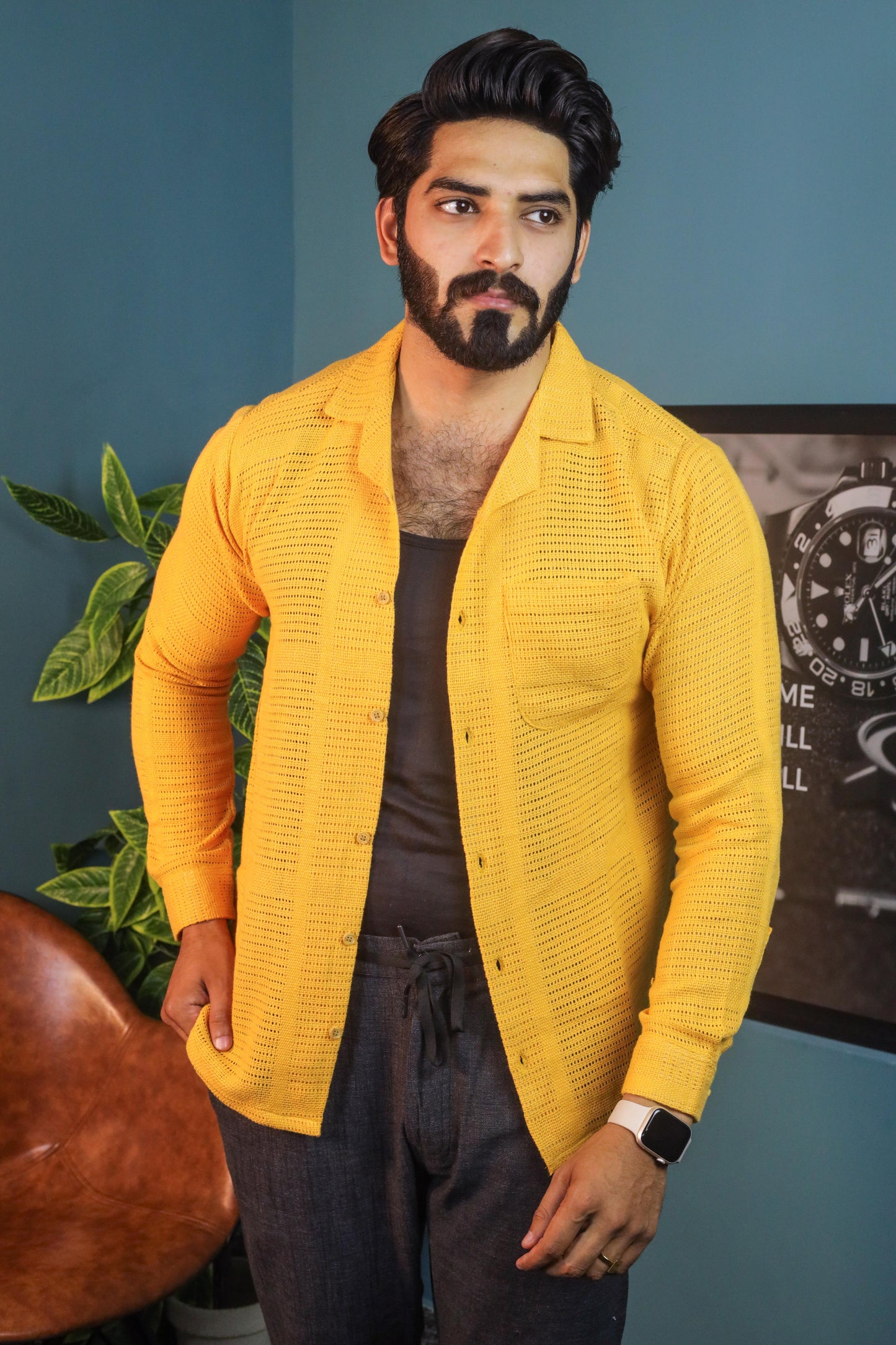 Textured Crochet Shirt- Mustard