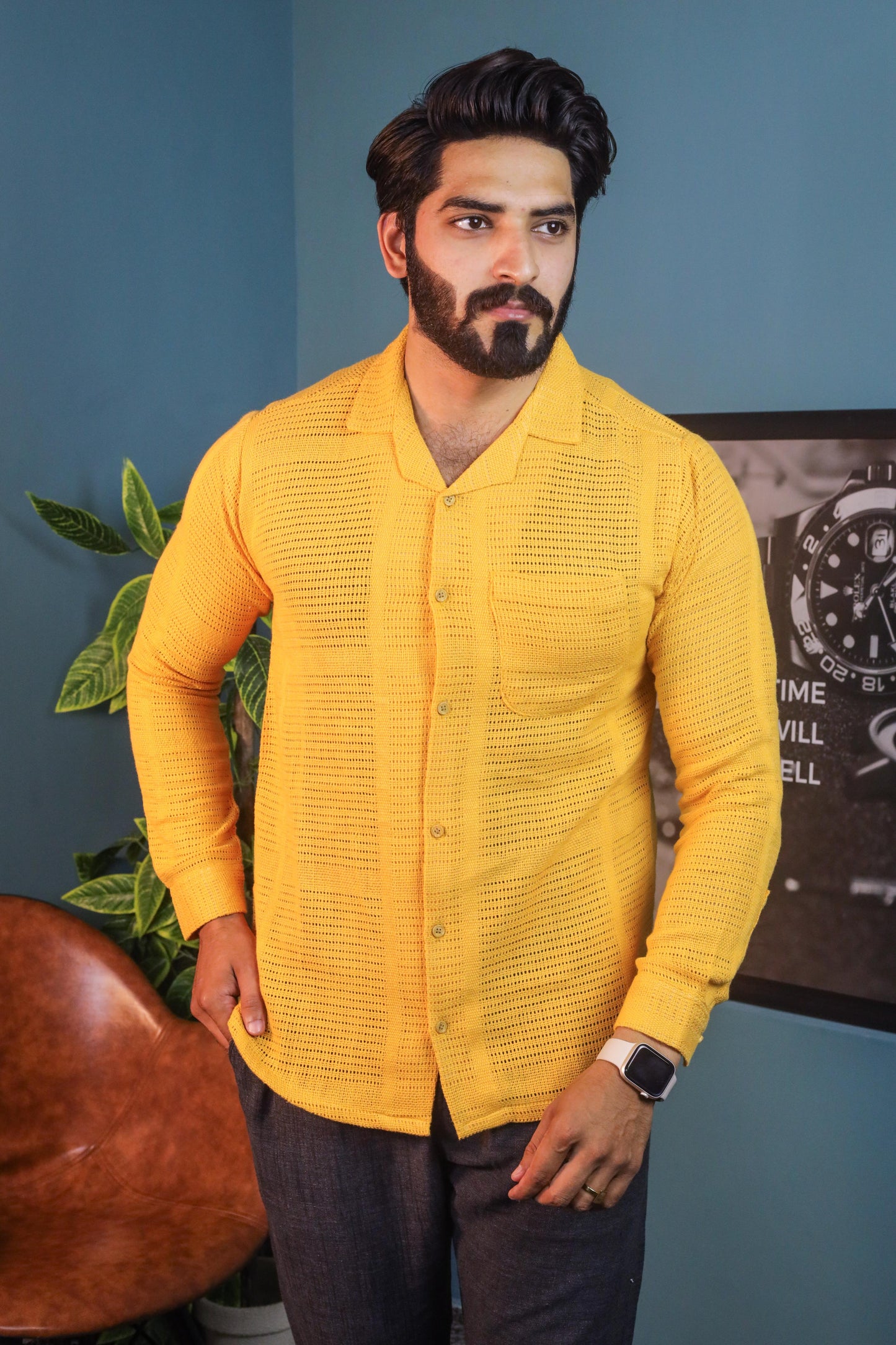 Textured Crochet Shirt- Mustard