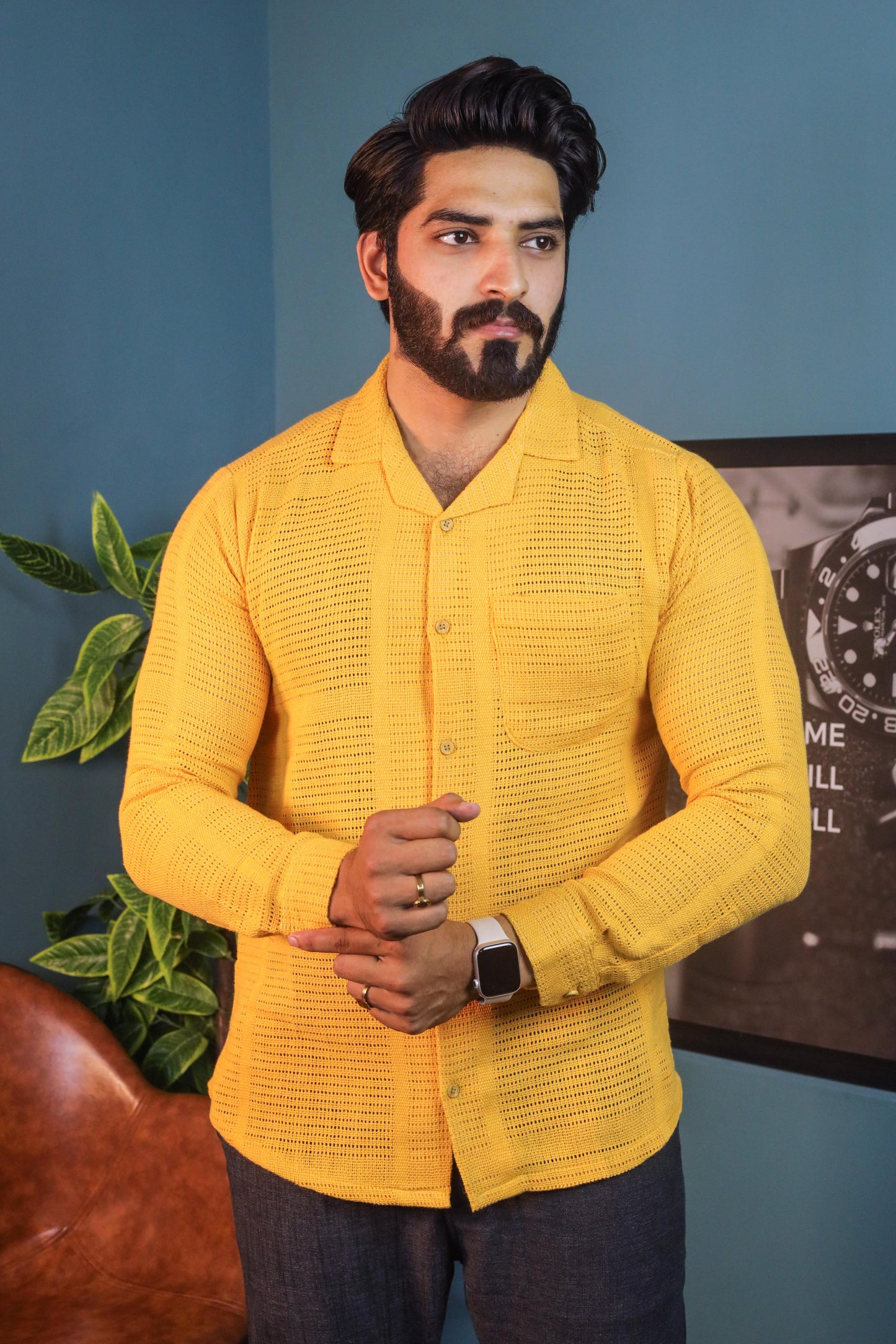 Textured Crochet Shirt- Mustard