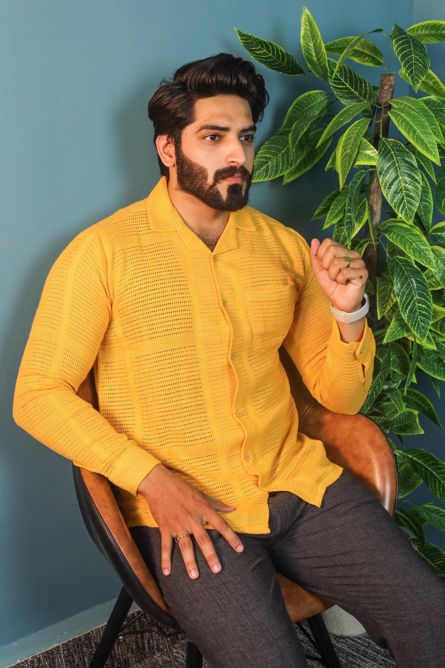 Textured Crochet Shirt- Mustard