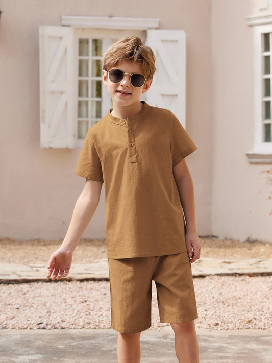 Henley shirt & short set for boys (Brown)
