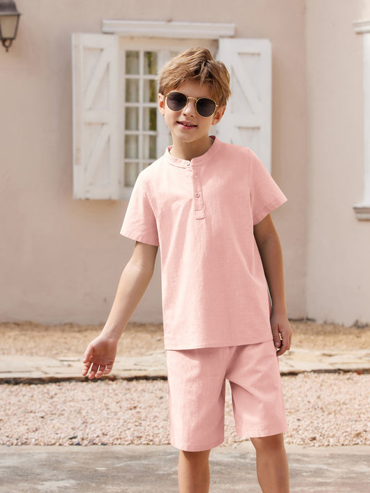 Henley shirt & short set for boys (Baby Pink)