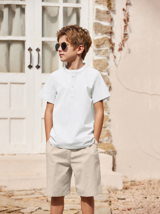 Henley shirt & short set for boys (White and Khaki)