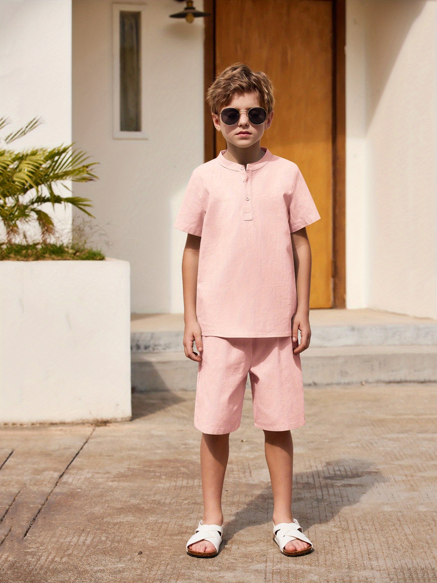 Henley shirt & short set for boys (Baby Pink)