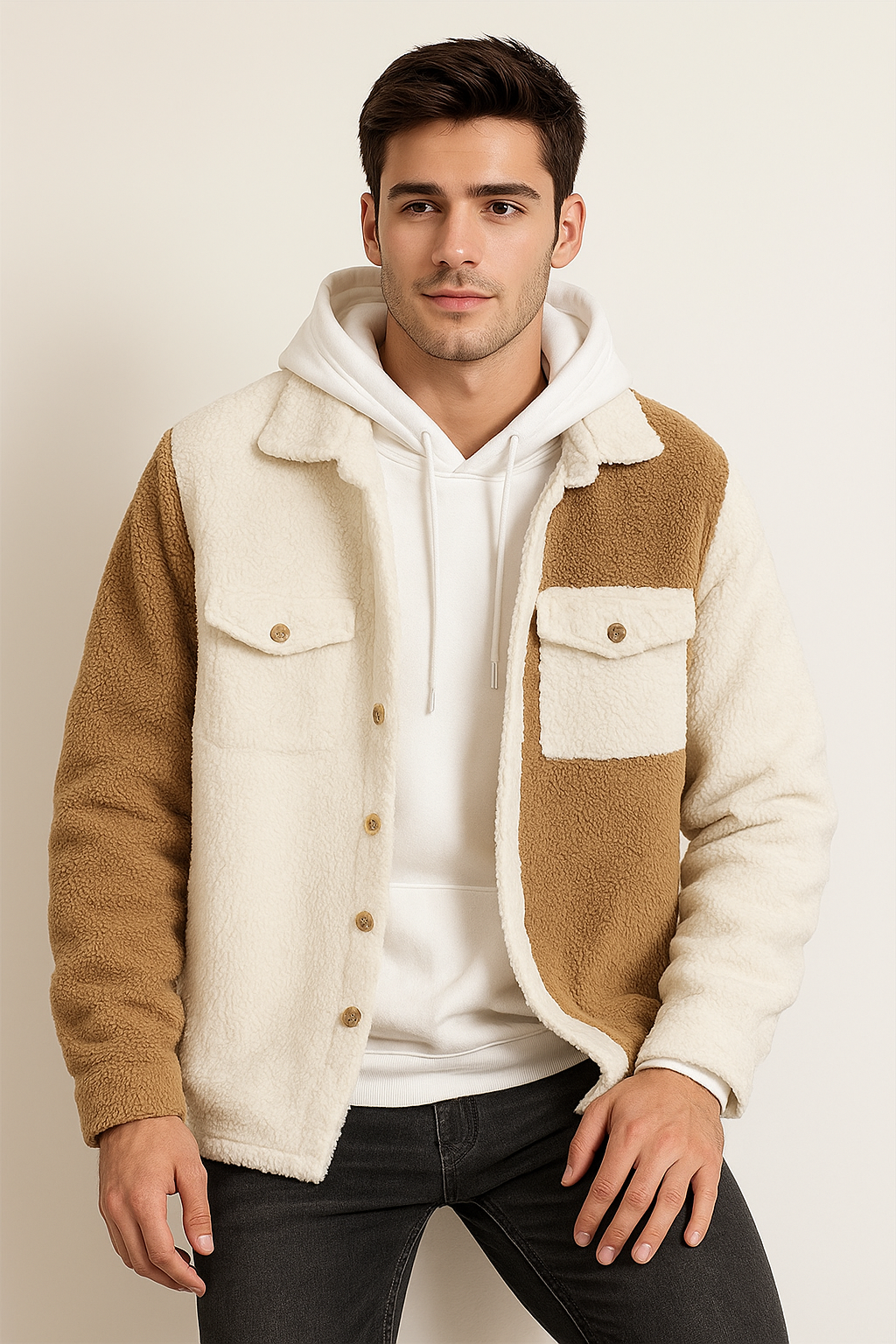 Sherpa Jacket for men- White Brown Double Patch pocket